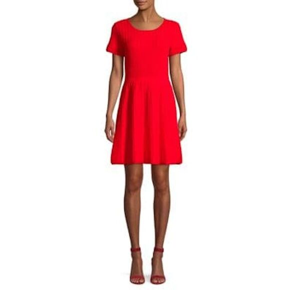 PARKER Womens Red Short Sleeve Crew Neck Short Fit + Flare Dress S
